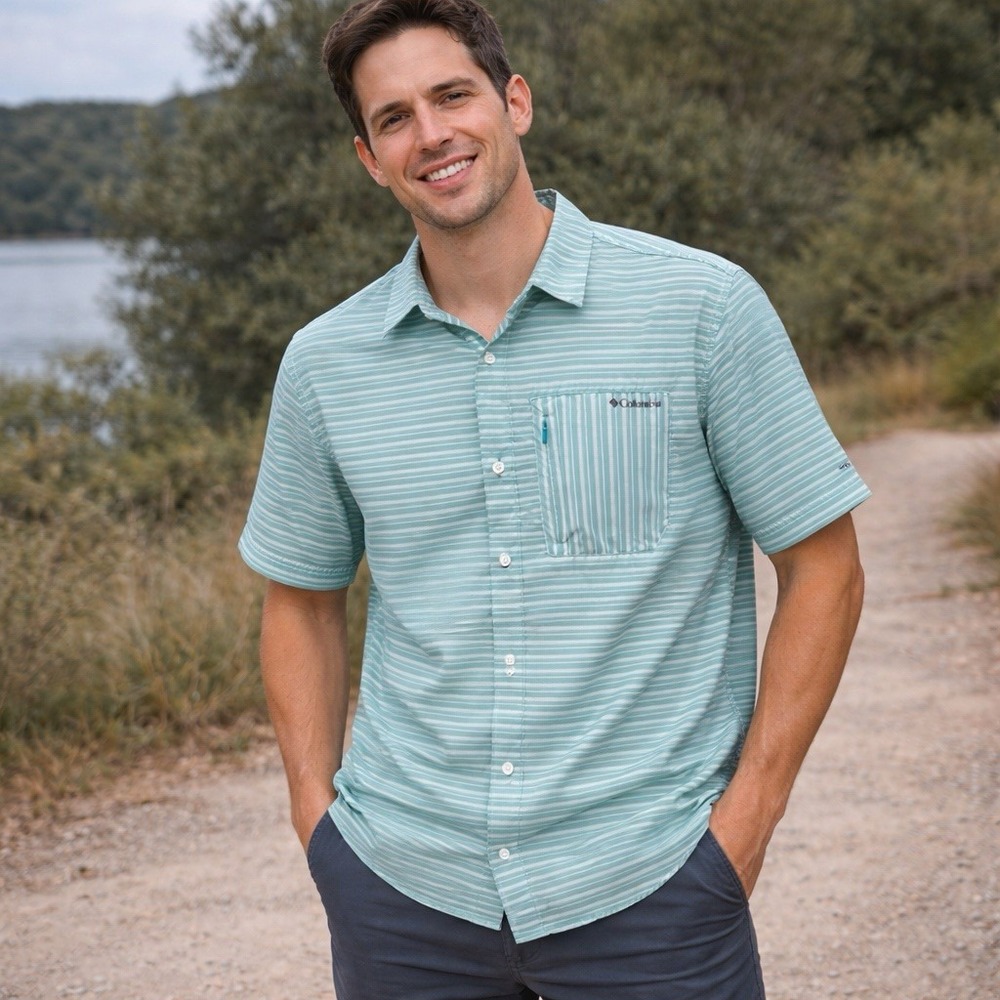 Columbia PFG Omni-Shade Shirt Twisted Creek Men XL Angler Green Stripe Vented